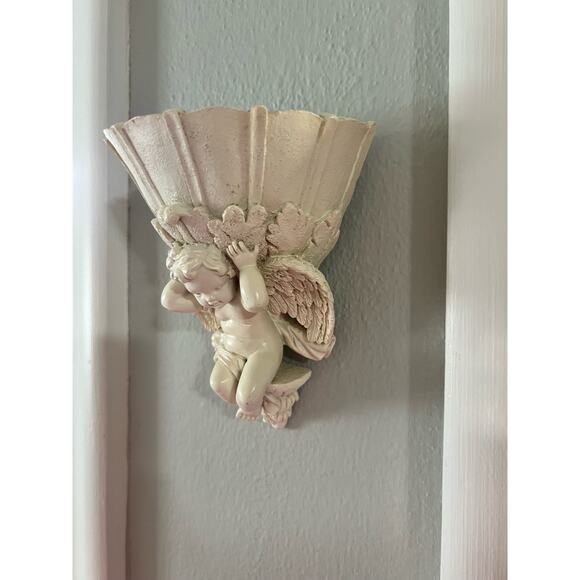Vintage Wall Mounted Decor Resin Wall Pocket Cherub Angel Wings Cream - Picture 7 of 7